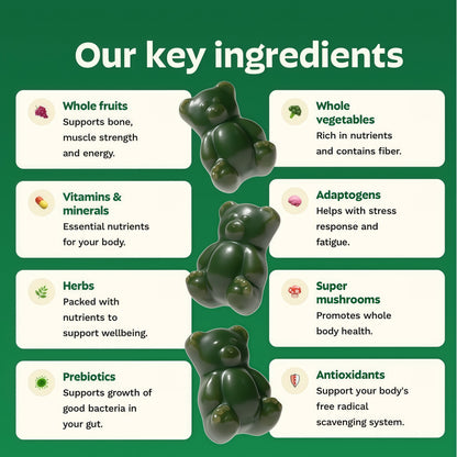 Gruns Adult Greens Gummies & Daily Multivitamin, Prebiotic Fiber, 28 ct | Adaptogens, Superfoods, 20+ Vitamins & Minerals, Digestion, Daily Support