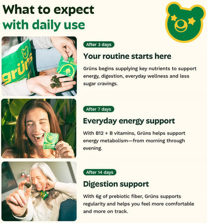 Gruns Adult Greens Gummies & Daily Multivitamin, Prebiotic Fiber, 28 ct | Adaptogens, Superfoods, 20+ Vitamins & Minerals, Digestion, Daily Support