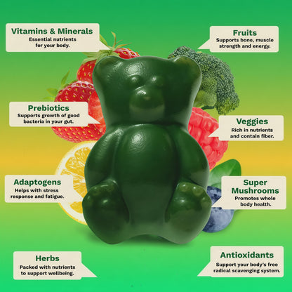 Gruns Adult Greens Gummies & Daily Multivitamin, Prebiotic Fiber, 28 ct | Adaptogens, Superfoods, 20+ Vitamins & Minerals, Digestion, Daily Support