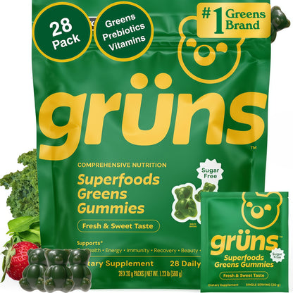 Gruns Adult Greens Gummies & Daily Multivitamin, Prebiotic Fiber, 28 ct | Adaptogens, Superfoods, 20+ Vitamins & Minerals, Digestion, Daily Support