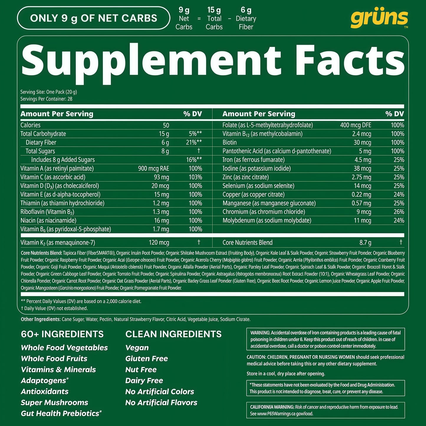 Gruns Adult Greens Gummies & Daily Multivitamin, Prebiotic Fiber, 28 ct | Adaptogens, Superfoods, 20+ Vitamins & Minerals, Digestion, Daily Support