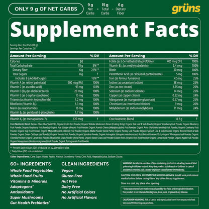 Gruns Adult Greens Gummies & Daily Multivitamin, Prebiotic Fiber, 28 ct | Adaptogens, Superfoods, 20+ Vitamins & Minerals, Digestion, Daily Support