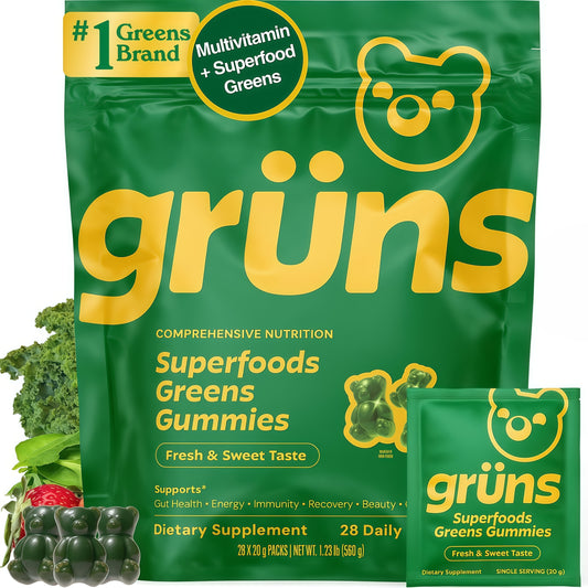 Gruns Adult Greens Gummies & Daily Multivitamin, Prebiotic Fiber, 28 ct | Adaptogens, Superfoods, 20+ Vitamins & Minerals, Digestion, Daily Support