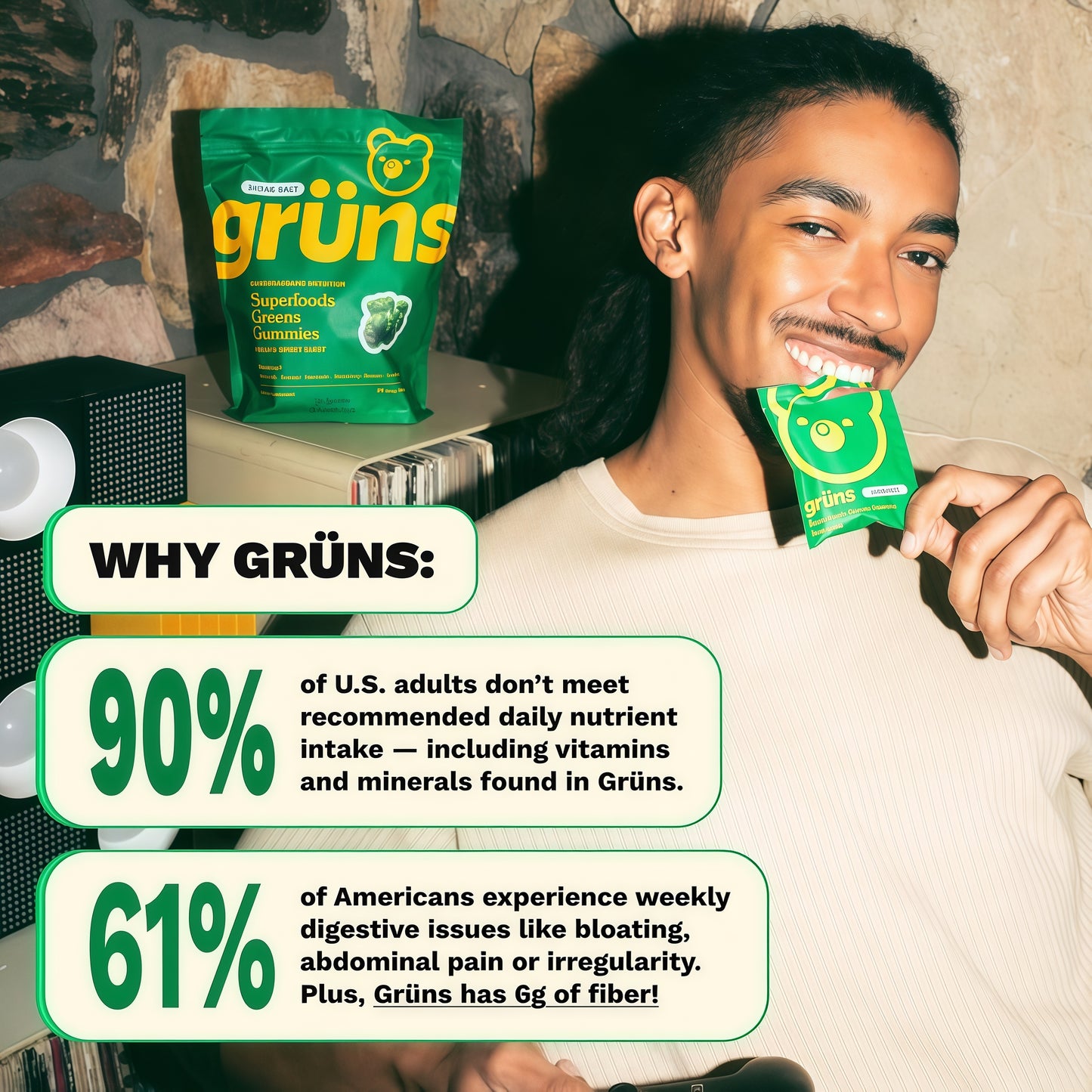 Gruns Adult Greens Gummies & Daily Multivitamin, Prebiotic Fiber, 28 ct | Adaptogens, Superfoods, 20+ Vitamins & Minerals, Digestion, Daily Support