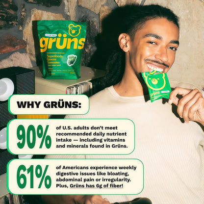 Gruns Adult Greens Gummies & Daily Multivitamin, Prebiotic Fiber, 28 ct | Adaptogens, Superfoods, 20+ Vitamins & Minerals, Digestion, Daily Support